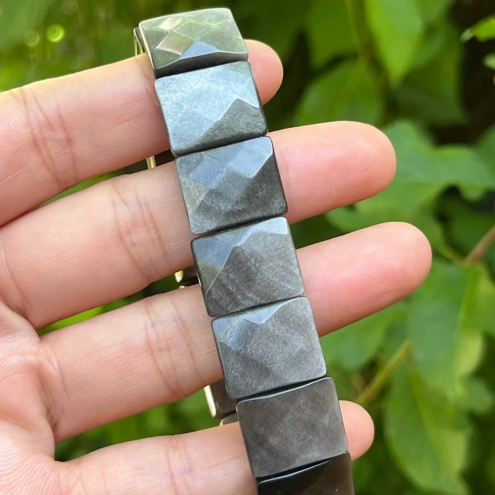 Stretchable‎ faceted silver obsidian soft bangle